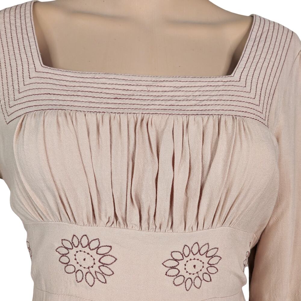 Vintage Y2K Lucca Beige Rayon Floral Eyelet Milkmaid Babydoll Mini Dress Medium - Picture 3 of 11
